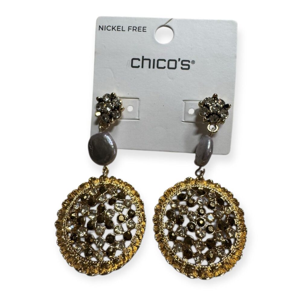 Chico's Statement Drop Earrings Shiny Sparkling Gold Tone Crystal Embellishments